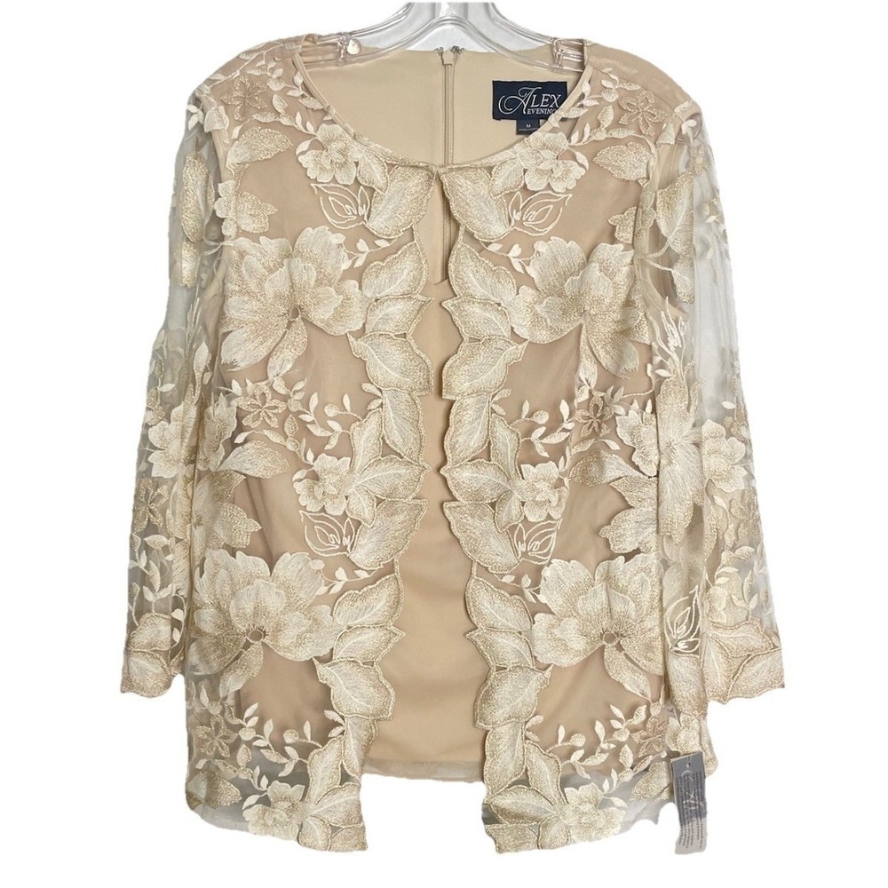 NWT ALEX EVENINGS Champagne Beige Floral Lace Embroidered Blouse Top Medium